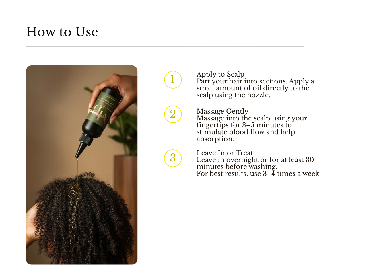 Instructions on how to use a hair care product with a bottle and text overlay.